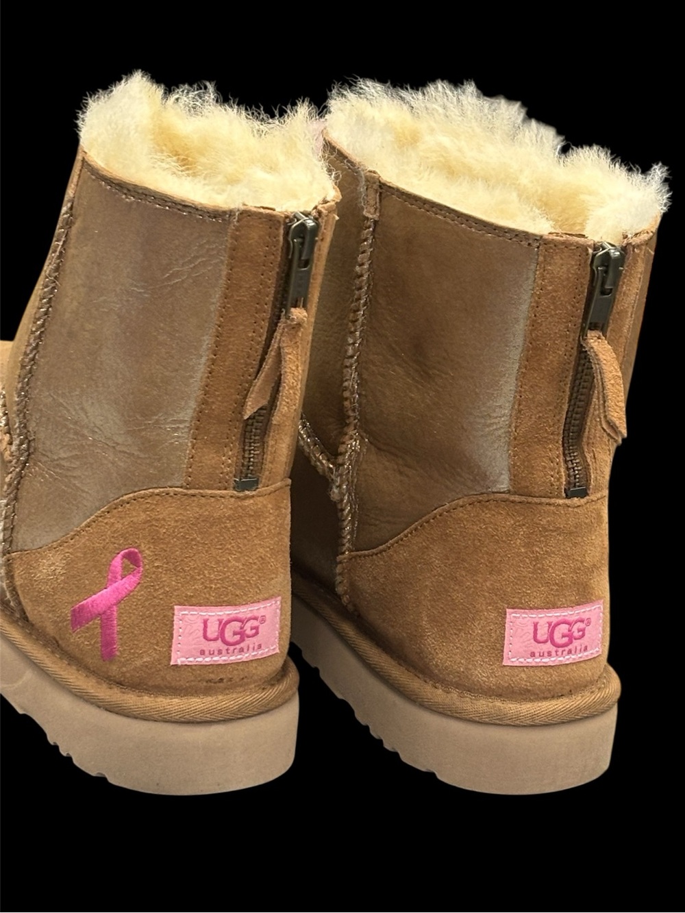 UGG Chestnut Suede Short Boots with Pink Awareness Ribbon Accent